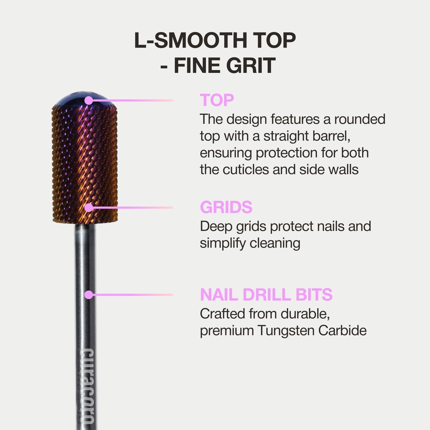 Curacoro Nail Drill Bits 3/32'' - L-Shape Smooth Stop Barrel Carbide Bit (Fine) for Professional Finish, Gently Remove, Buff & Polish Gel Nails, Nail Art Pedicure Manicure Salon & Home