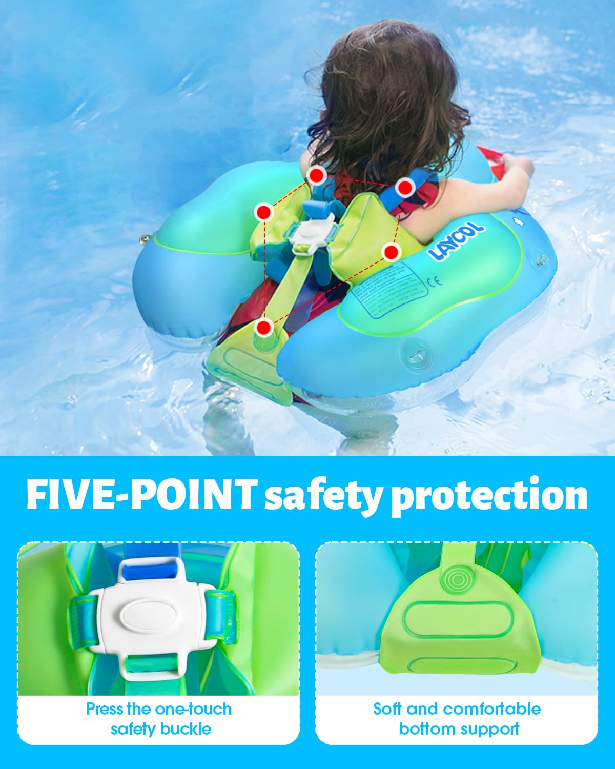 LAYCOL Baby Pool Float with Canopy UPF50+, 5 Point Safety Buckle No Flip Over, Inflatable Toddler Floaties Infant Pool Floats with Double Air Chambers, Baby Beach Essentials/Traval for 3-36M Blue L