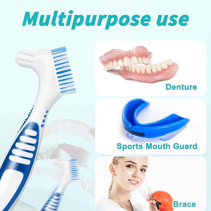 TaShow 6 Pcs Denture Brush Set for False Teeth, Denture Toothbrushes with Double Sided Design, Denture Cleaning Brush with Multi-Layered Soft Bristles and Rubber Anti-Slip Handle, 4 Colors