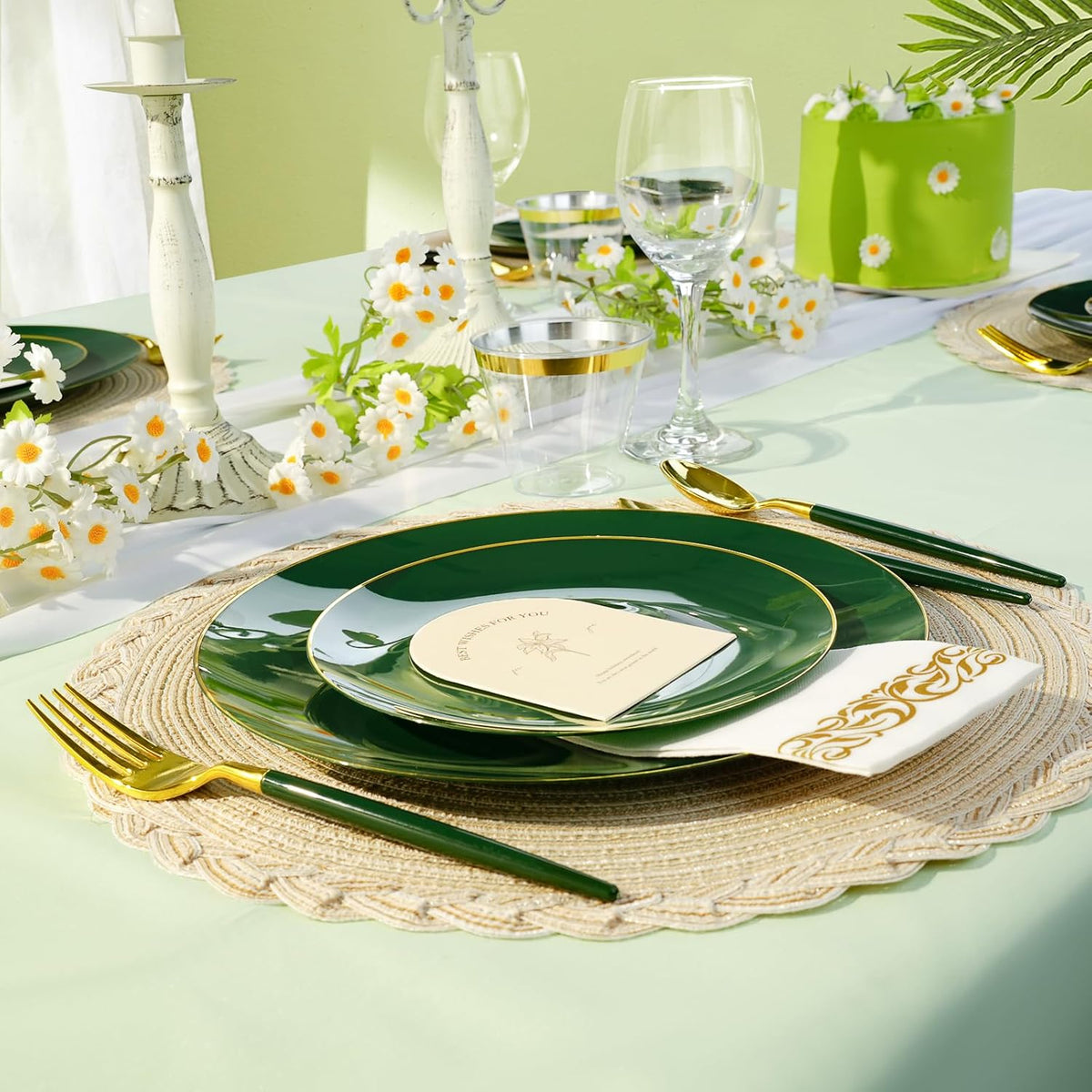 350 Pieces Green Gold Plastic Dinnerware Set, Gold Disposable Plates for Party, Include 100 Green Plates with 150 Plastic Cutlery, 50 Napkins and 50 Cups