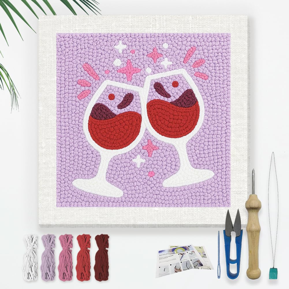 DOODLREAM Red Wine Glass DIY Punch Needle Embroidery Kit for Adult Beginner, 9.4" Cheers to The Red Wine Punch Stitching Craft Set for Starter with Frame, Fabric Pattern, Threader, Yarn, Punch Needle