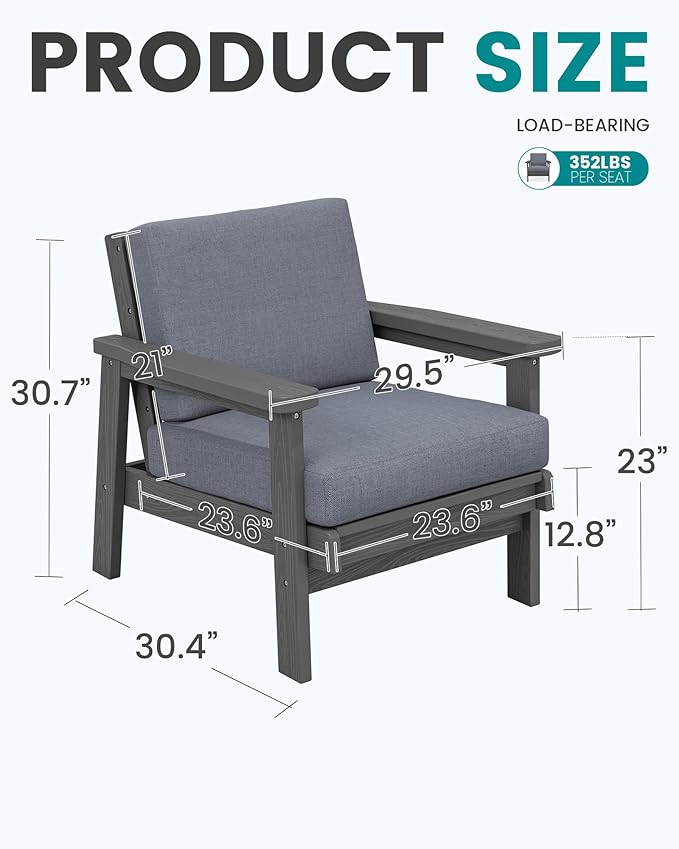 SERWALL HDPE Outdoor Couch Set of 2, Grey Frame and Grey Cushion