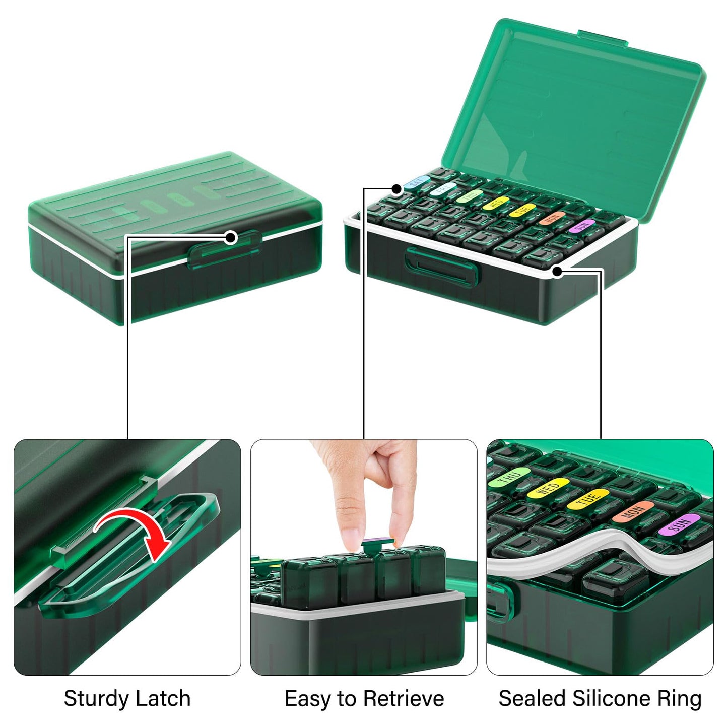 Weekly Pill Organizer 4 Times a Day, Large Compartments Pill Box 4X 7 Day, Medicine Organizer Pill Case for Pills/Vitamins/Fish Oils/Medication/Supplements (4x7 Dark Green)