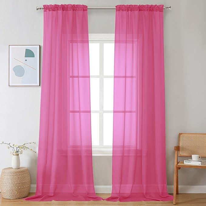 Chyhomenyc Extra Long Sheer Curtains 120 Inches Long 2 Panels Set, Light Filtering Voile Curtain Drapes for Floor to Ceiling Window Patio Sliding Door, 10FT, Hot Pink