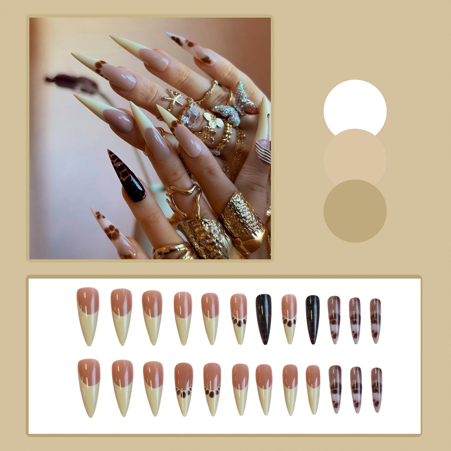 SINHOT Stiletto Press on Nails - Long Fake Nails, Glossy Finish, Crocodile Print & Yellow French Tip, Reusable Artificial False Nail Art - 24 Pcs Nail Kit with Glue