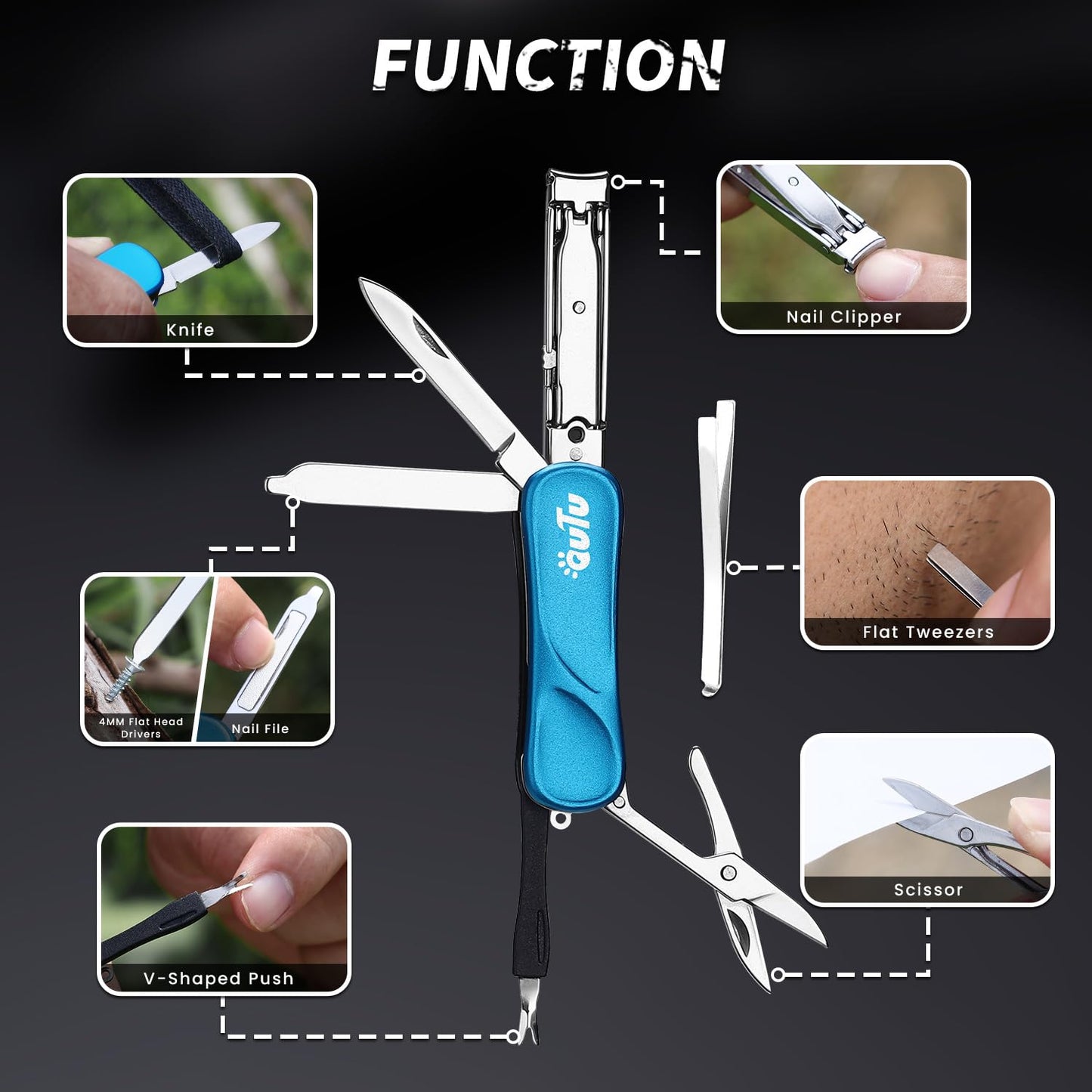 OUTU Keychain Nail Clippers Multitool, 7 in 1 EDC Utility Tool with Nail Clipper, Scissors, Manicure Sets Gifts for Him Men Husband Dad Boyfriend (Blue)