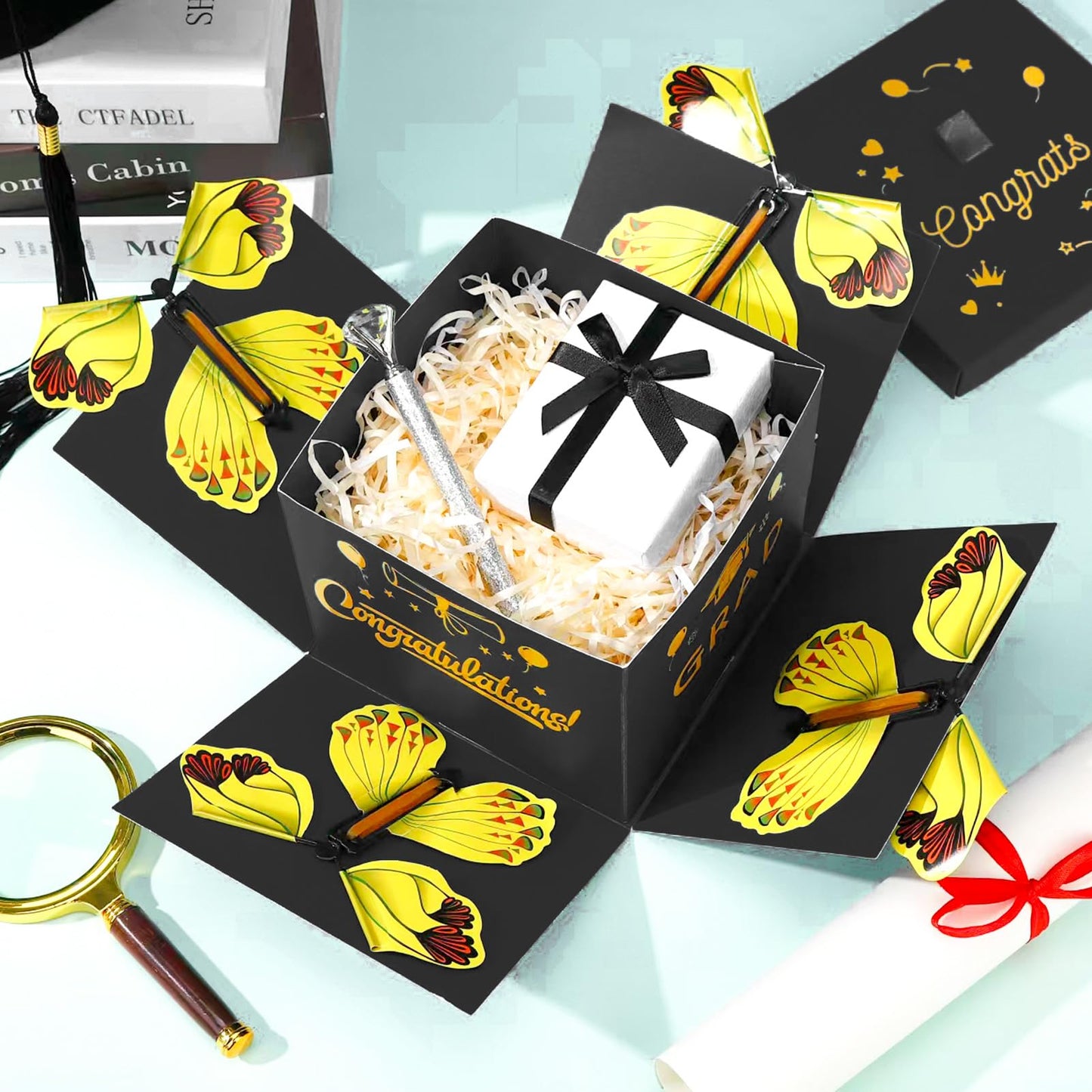 Flying Butterfly Explosion Gift Box, Birthdays Surprise Black Exploding Gift Box with 4 Pcs Flying Butterfly, DIY Exploding Fantasy Decor for Birthdays, Wildflower, Wedding, Valentine's Day(B)