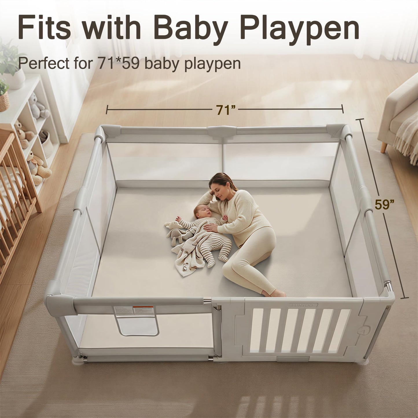 Funyoo Vegan Leather Baby Play Mat, 71x59 Thicken Foam Play Mat for Infants and Toddlers, Padded & Cushioned Playpen Mat for 71x59 Playpens, 1.2" Thick, Grey