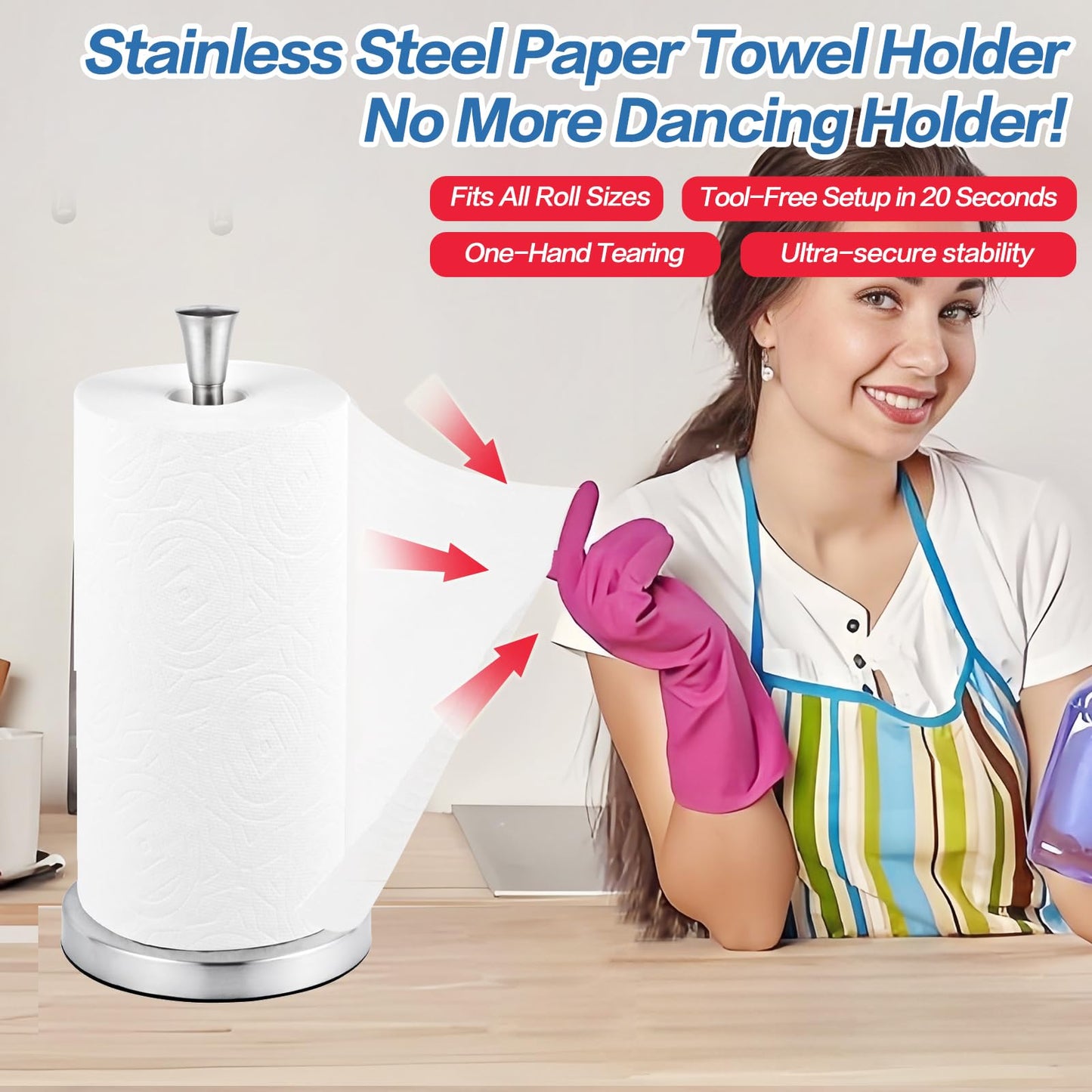 Paper Towel Holder Countertop with Suction Cups - Heavy Duty (2.9 lbs) Stainless Steel Paper Towel Dispenser, One-Hand Tear for Kitchen, Fits Standard & Mega Rolls