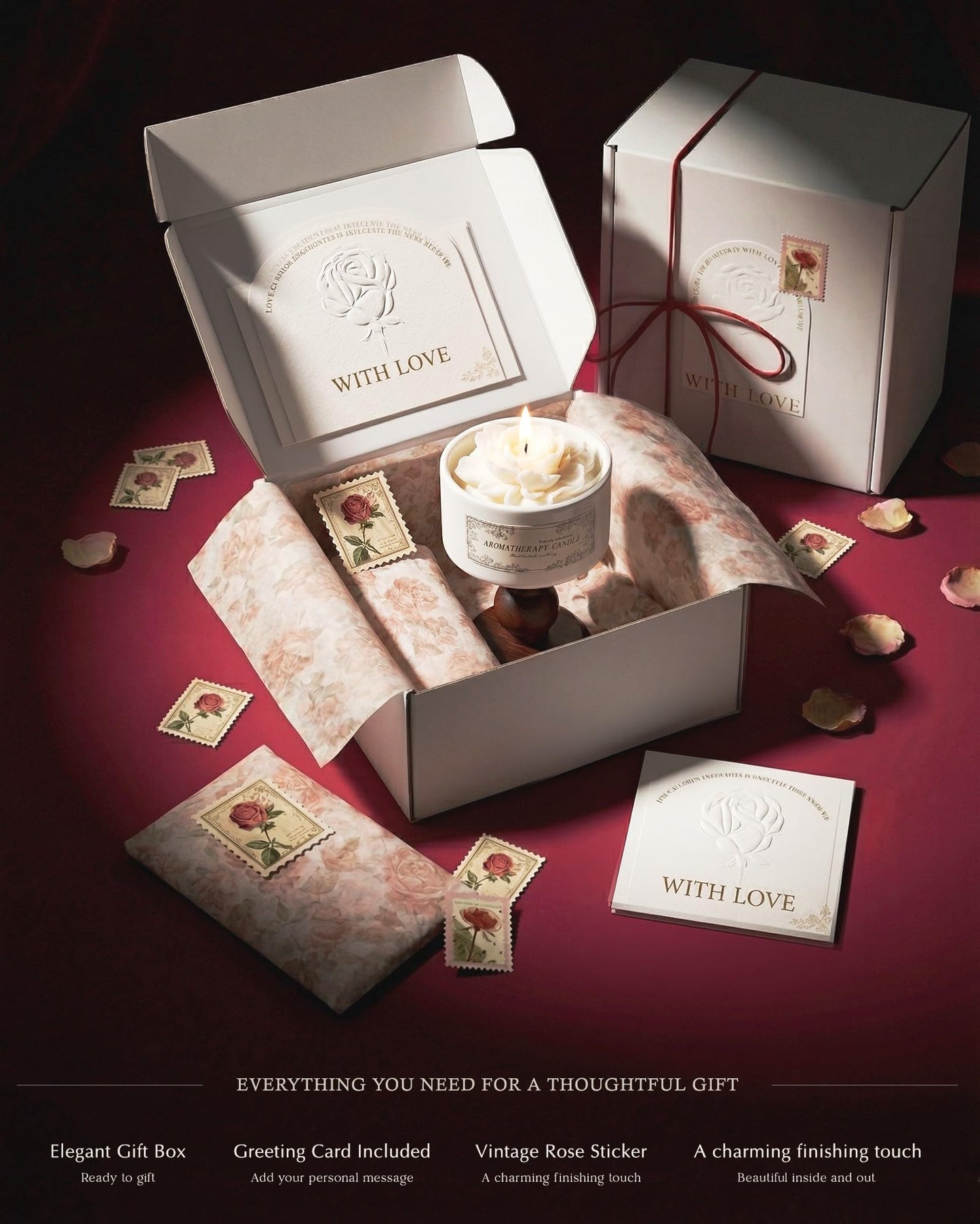 Candle Gift Set for Women, White Peach Oolong Scented Soy Aromatherapy Candle with Greeting Card & Box, Decorative Long Lasting Candles for Home, Birthday Gifts for Mom Friend