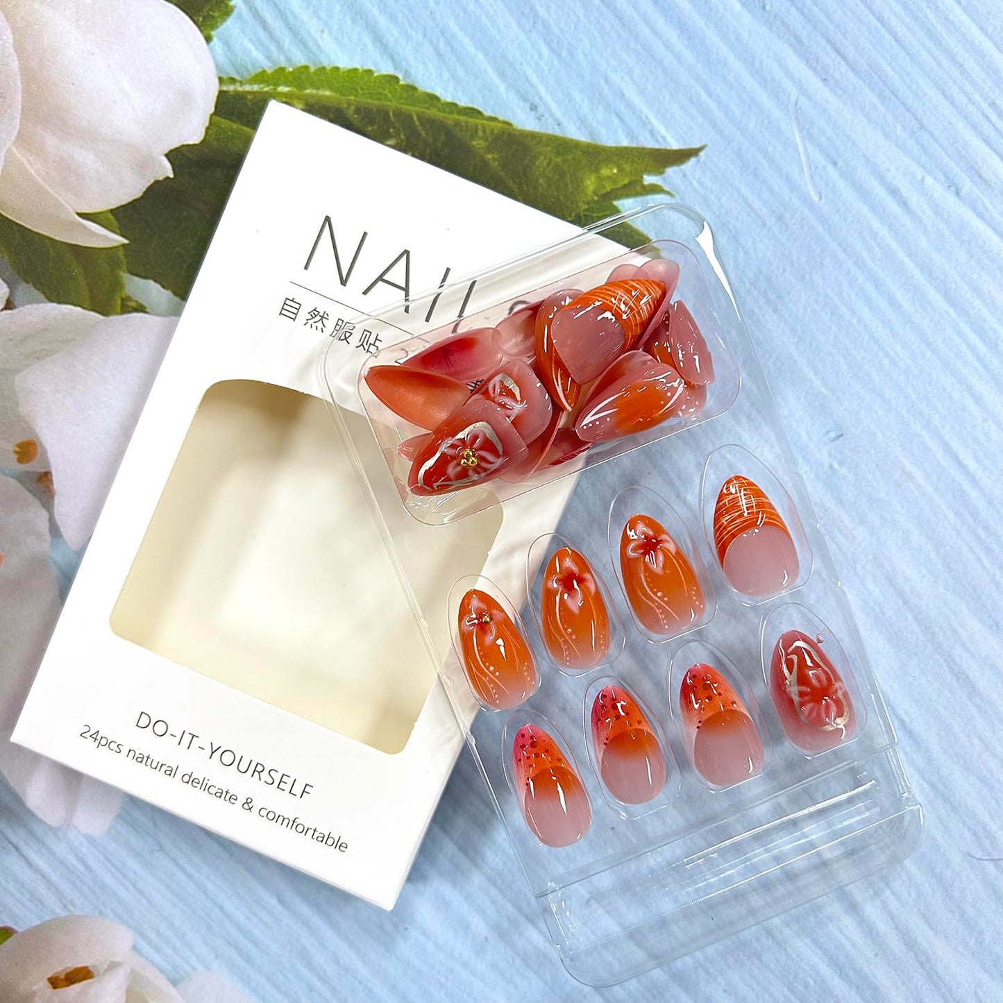 Flower Press on Nails Medium French Tip 3D Stereoscopic Floral Gold Pearl Design Coffin Acrylic Full Cover Almond Press Ones Artificial Glue on for Women