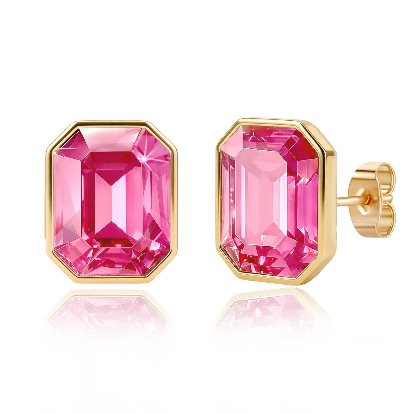 Austrian Crystal Octagon Stud Earrings for Women Fashion 925 Sterling Silver Post Hypoallergenic Jewelry (Pink)