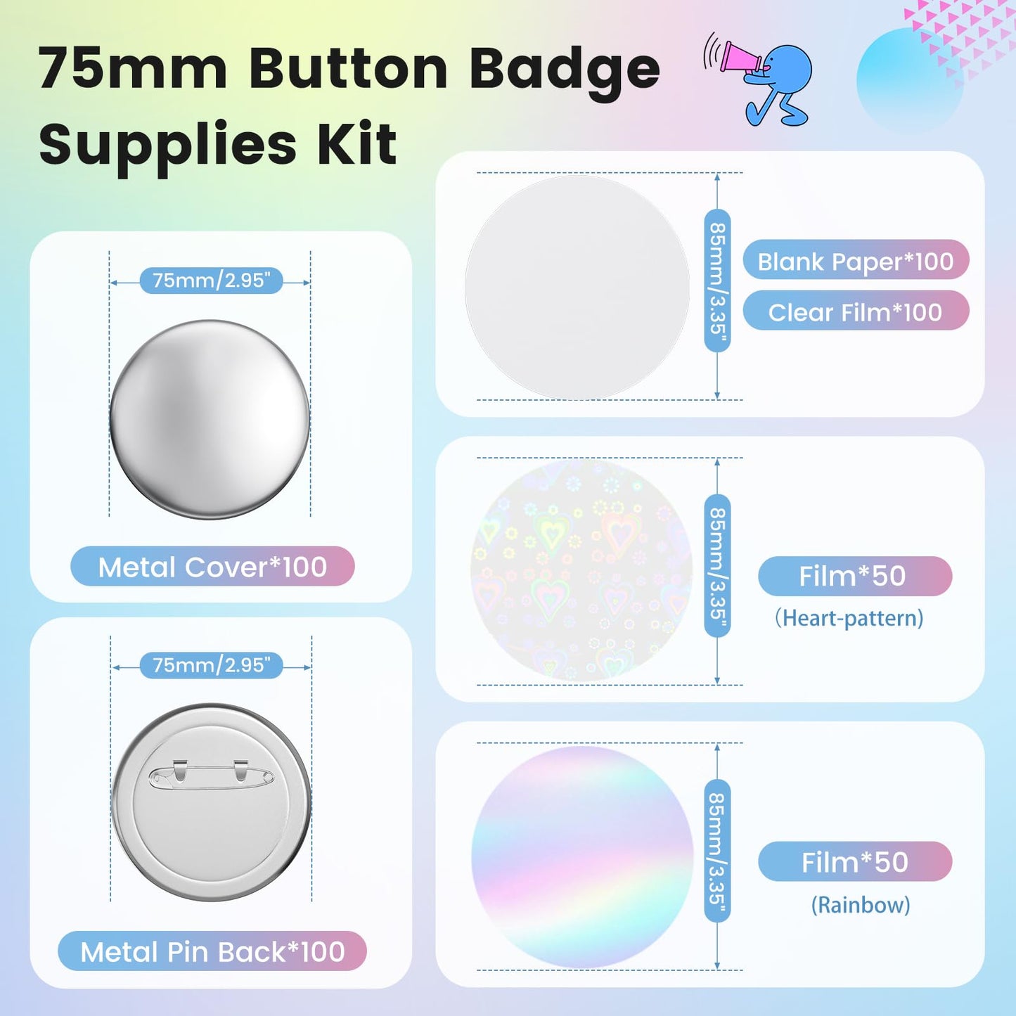 Button Pin Making Supplies 100 Sets 75mm(3'') Button Inserts for 75mm Button Maker Machine, Round Blank Badge Pin Refills with Metal Pin Back, Metal Cover, Glitter Film & One Plastic Washer