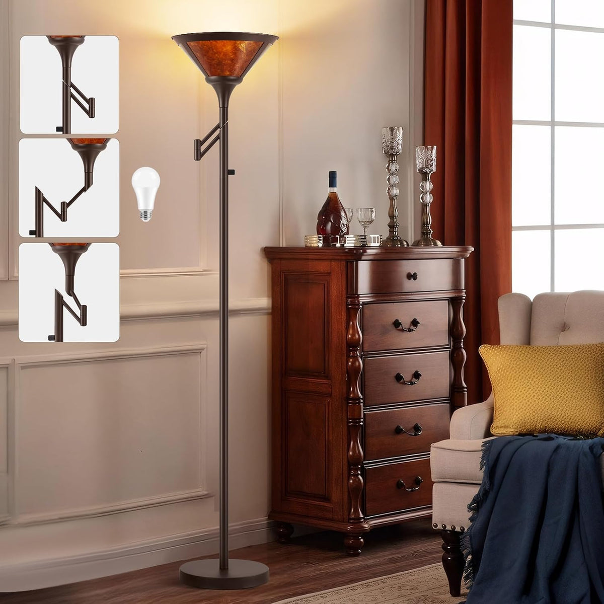 Floor Lamps for Living Room - 70" Brown Torchiere Standing Floor Lamp with Adjustable Swing Arm - Tall Corner Lamp Decor for Bedroom with Mica Shade LED Reading Light for Home Office