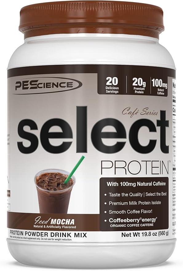 PEScience Select Cafe Coffee Protein Powder, Iced Mocha 20 Servings, Whey and Casein Blend, Natural Caffeine, Clean Isolate Protein for Women and Men