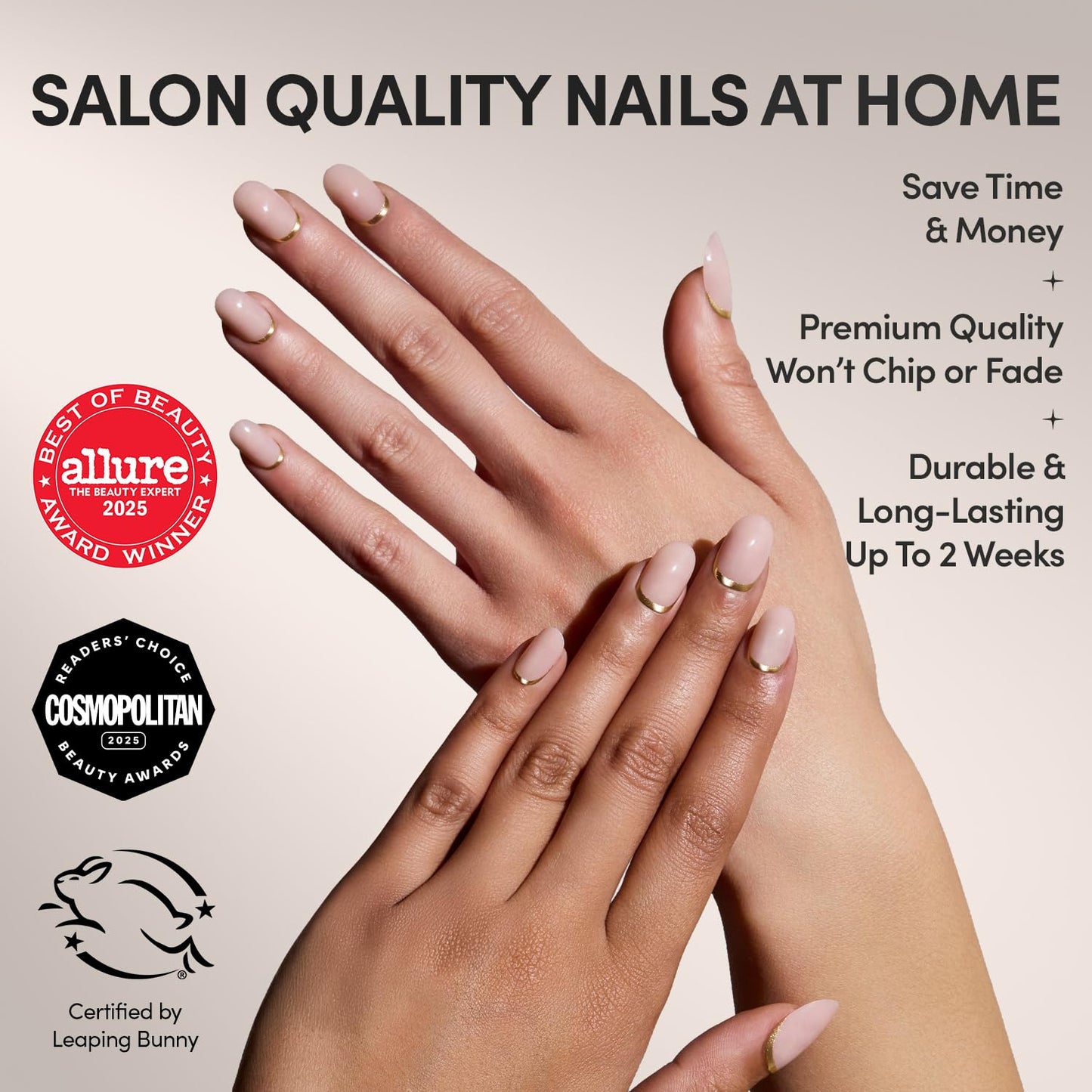 Glamnetic Press-On Nails Bundle - Glam Goals & Goal Digger | 2 Neutral Fake Nails with Gold Reverse French Tip in Short Oval & Short Round | Durable, Salon-Quality Nail Kits