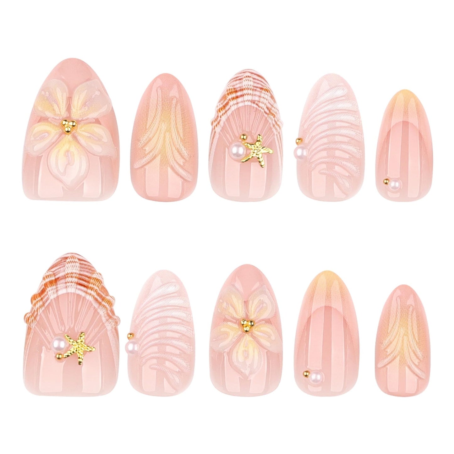 CTTHNBD Almond Press on Nails Short - Summer Fake Nails with Shell Starfish Design - French Tip, Flower False Nails for Women - 24 Pcs