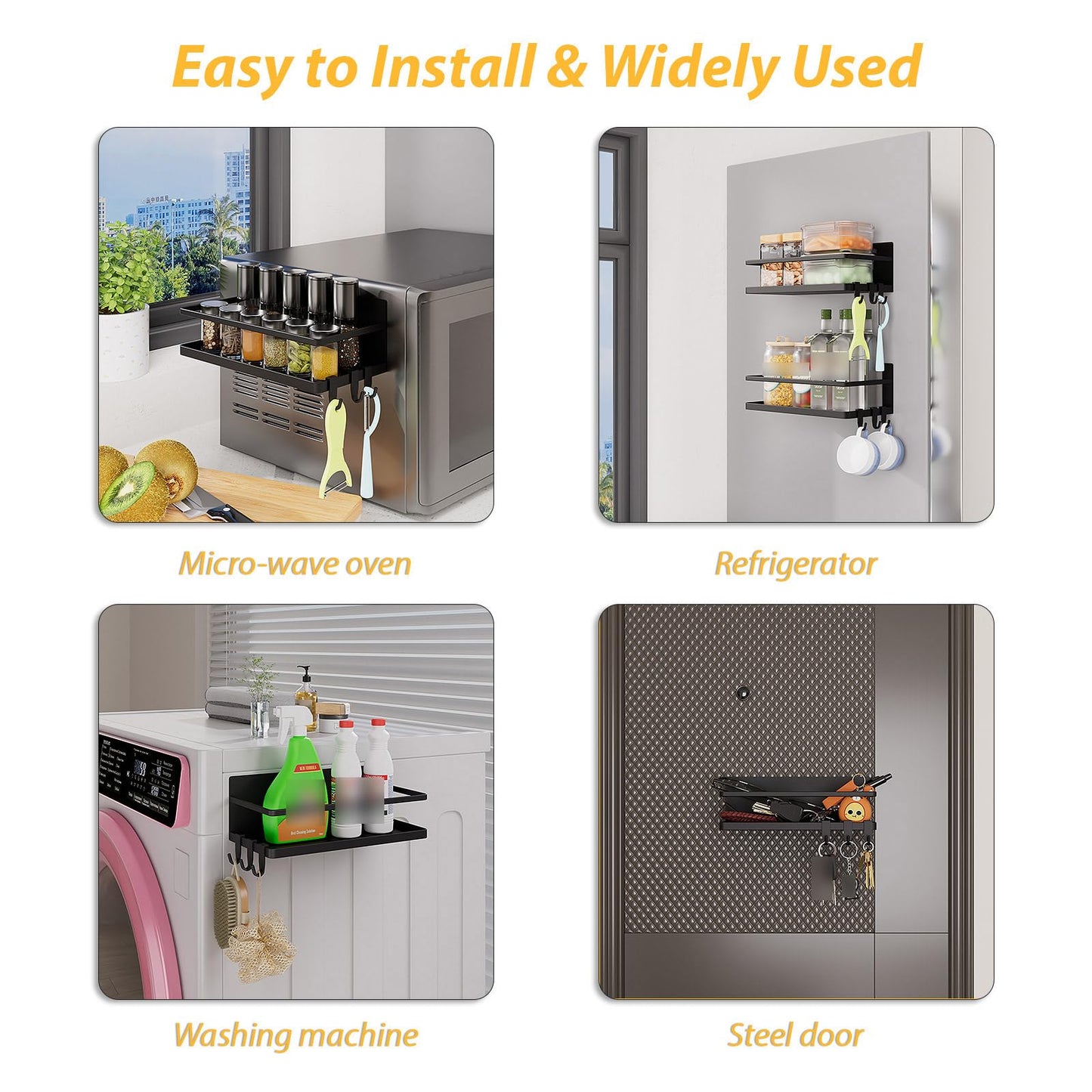 KMUZAWN Magnetic Spice Rack for Refrigerator, 2 Pack Magnetic Shelf, Fridge Magnet Organizer with Moveable 6 Hooks, Magnetic Fridge Shelf for Kitchen Organization and Storage(Black, 2 Pack)