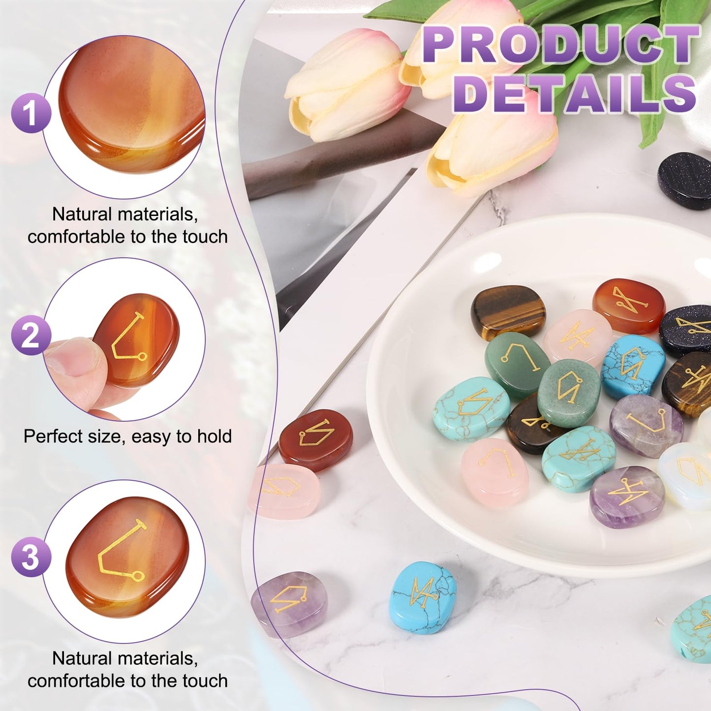 MECCANIXITY 4Pcs Engraved Chakra Stones with Reiki Symbols, Red Agate Reiki Healing Crystal Gemstone 7 Chakra Crystal Stones Tumbled Palm Stone for Anxiety Relieve