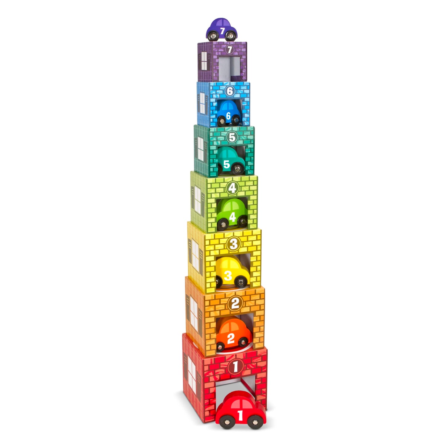 Melissa & Doug Nesting and Sorting Garages and Cars with 7 Graduated Garages and 7 Stackable Wooden Cars - FSC Certified