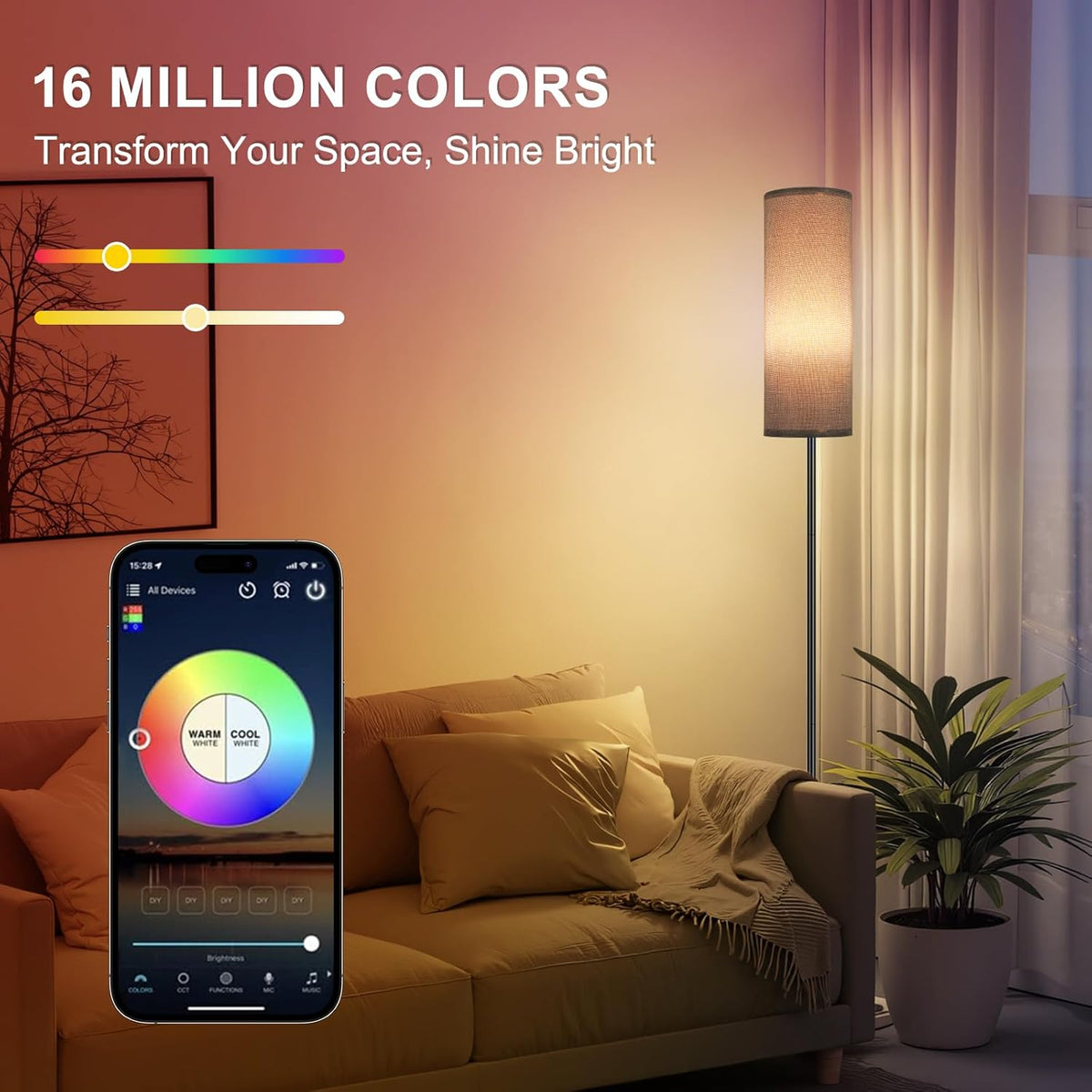 FRIDEKO HOME Gray Floor Lamps for Bedroom, Dimmable Colors Temperature & Brightness, Plug in Modern Floor Lamps for Living Room, Tall Standing Lamps for Office, Corner Lamp, 9W RGB LED Bulb