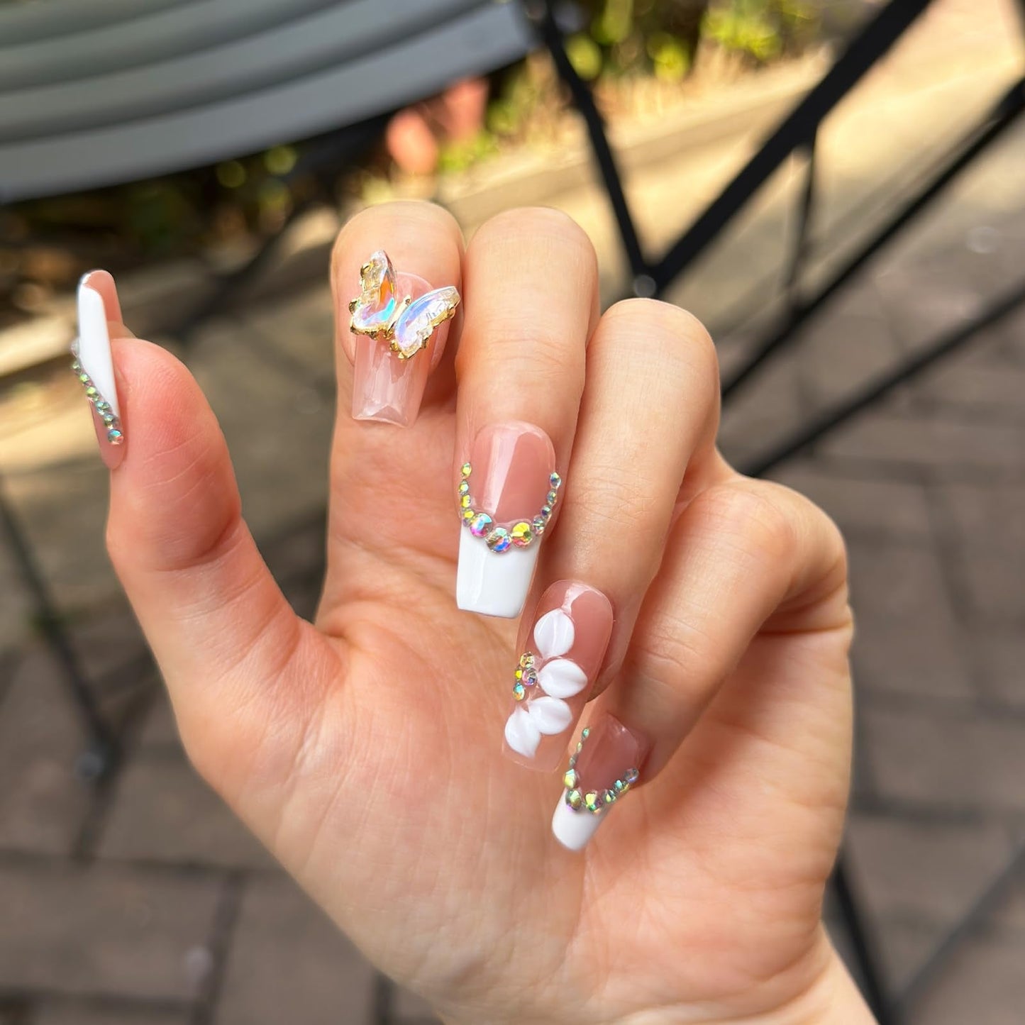 Handmade Press On Nails, 3D Flower & Butterfly White French Tip Fake Nails with Rhinestones, Reusable Acrylic False Nails Medium Length Square Press on Nails(M-10Pcs)