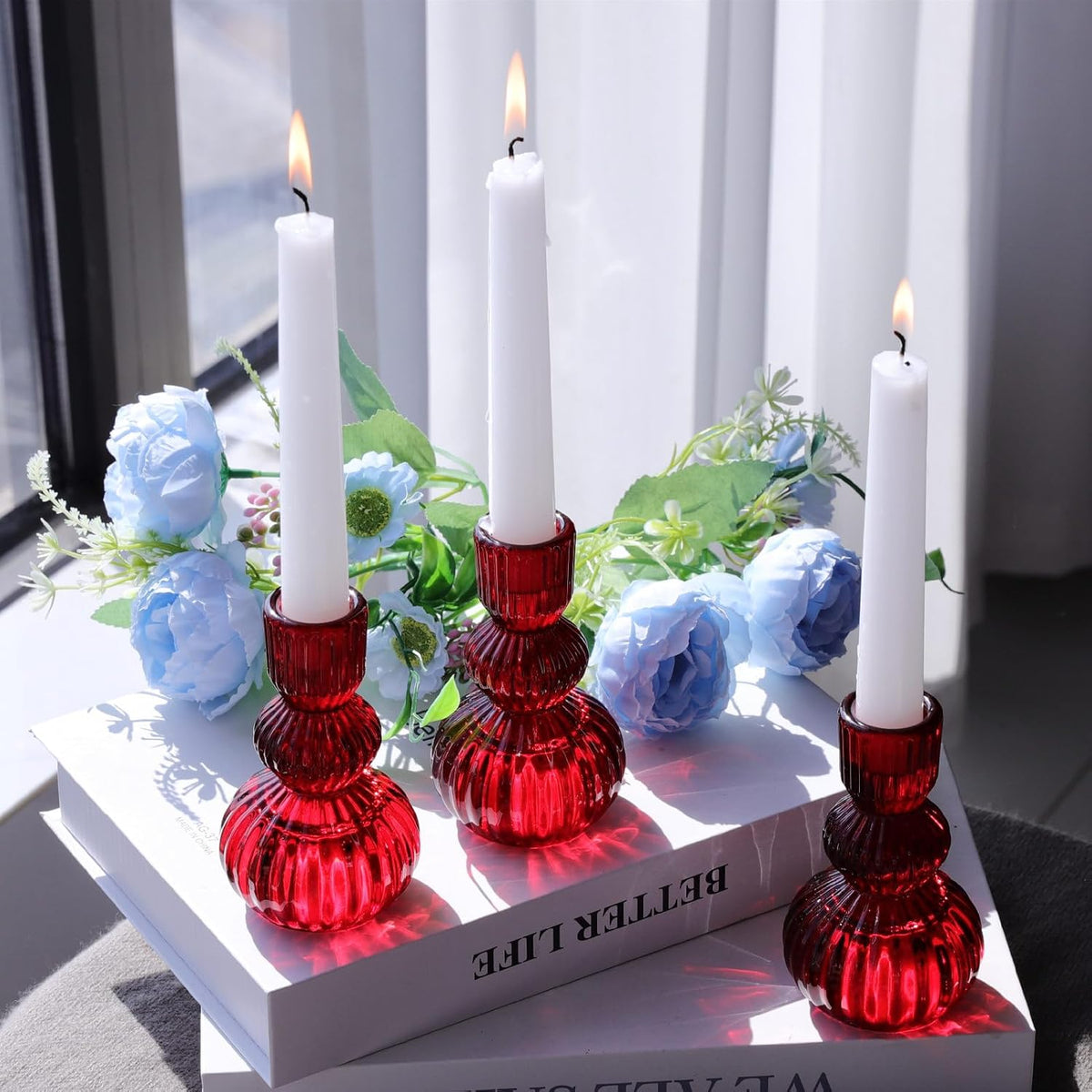 Woho Red Candlestick Holders Set of 3 for Christmas Decorations, 4.3" H Vintage Ribbed Taper Candle Holders for Dining Table, Glass Candle Sticks Holder Decor for Valentines Day/Patriotic Holidays