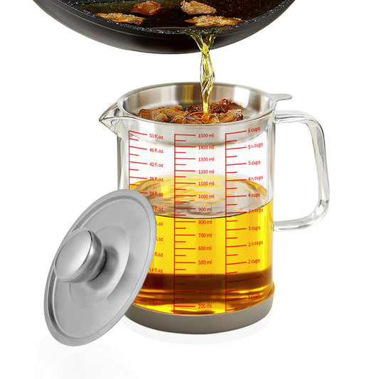 Luvan 1.5L/50oz Glass Bacon Grease Container with Strainer, Cooking Oil Storage Can with Fine Mesh Filter, Lid and Easy-Grip Handle, Fat Separator for Storing Fats, Frying Oil and Cooking Grease
