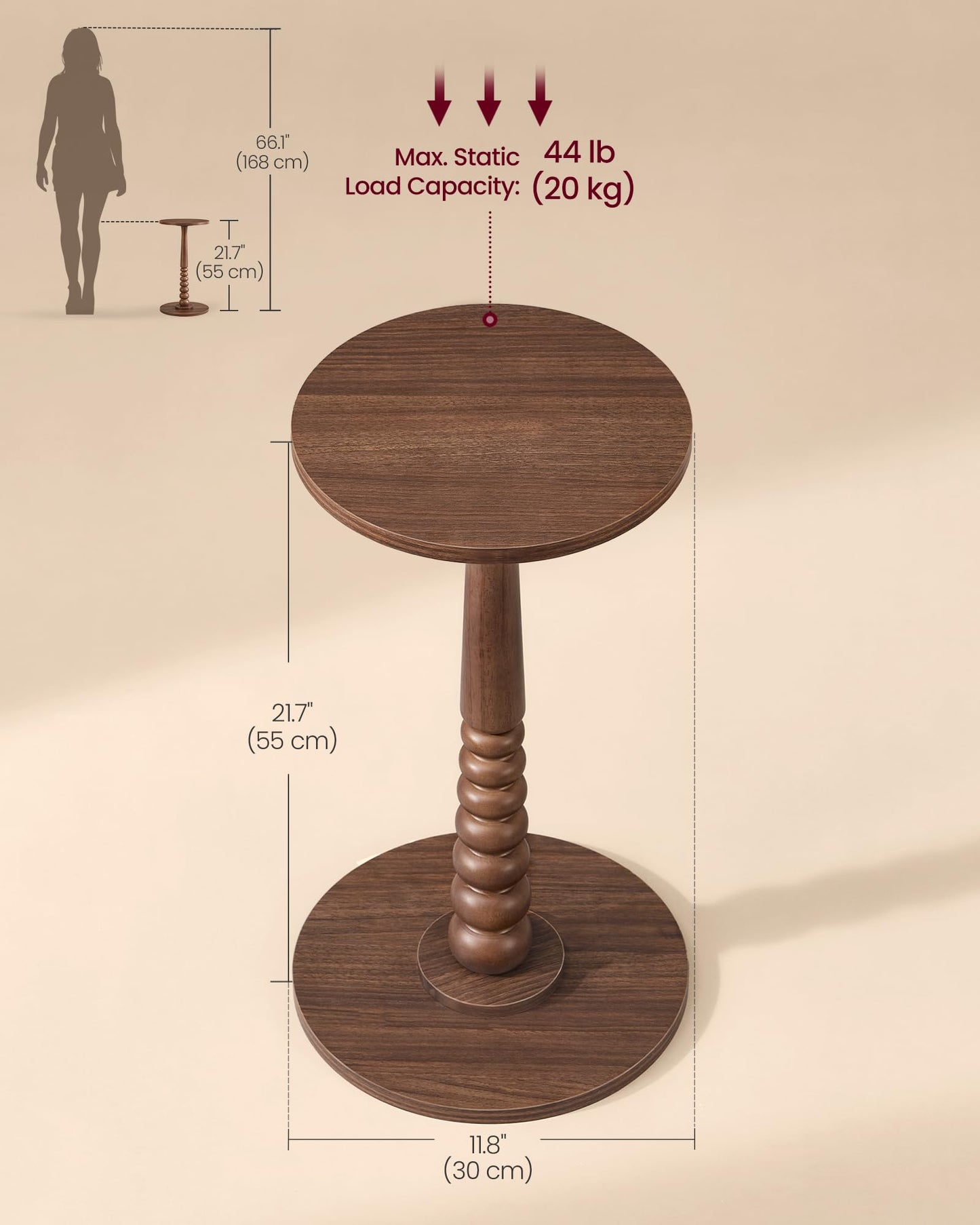 VASAGLE MARIEL Collection - Round Side Table, Small Drink End Table for Small Spaces, Accent Nightstand, Solid Wood Leg, Mid-Century Modern, for Living Room Bedroom, Chestnut Walnut ULET293KX01S