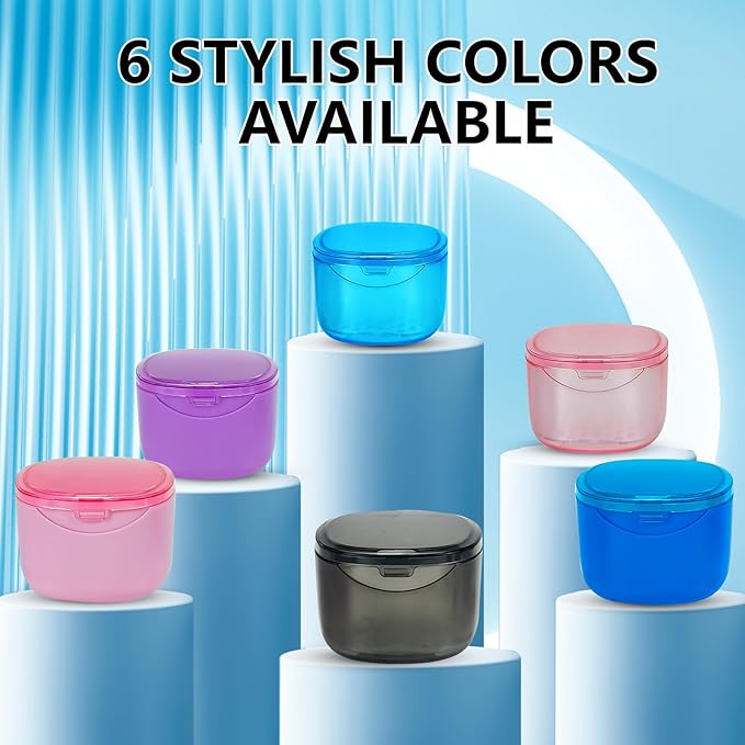 Purple Denture Cup Denture Bath Box Case with Lid Leakproof, Denture Holder Case Retainer Cleaning Container Mouth Guard Cleaner Case for Household, Travel, Office