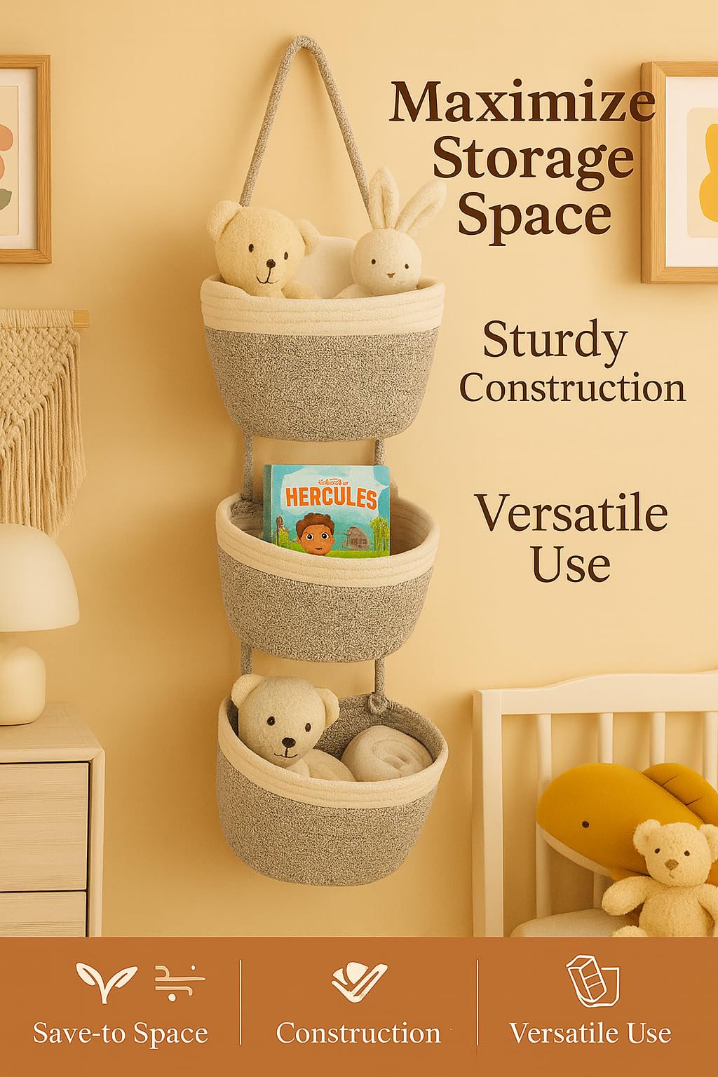 Japanese Handmade Cotton Rope Hanging Basket Organizer – 3 Tier Wall boho Storage Organizer for Toys , Snacks & Décor – Eco-Friendly Coiled Weaving Craft, Housewarming & Shower Gift (White&beige)