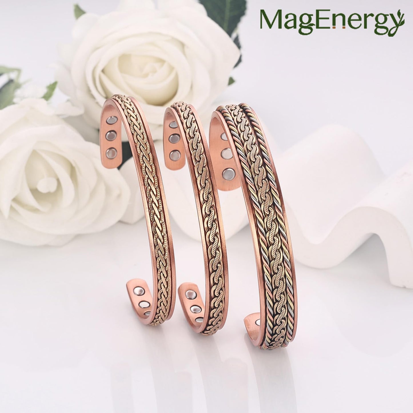 MagEnergy Handcrafted Copper Bracelets for Women, Magnetic Copper Cuff Bracelet with Twisted Wire, Adjustable Bangle & Healthy Jewelry Gift (Chain Weave Inlay)