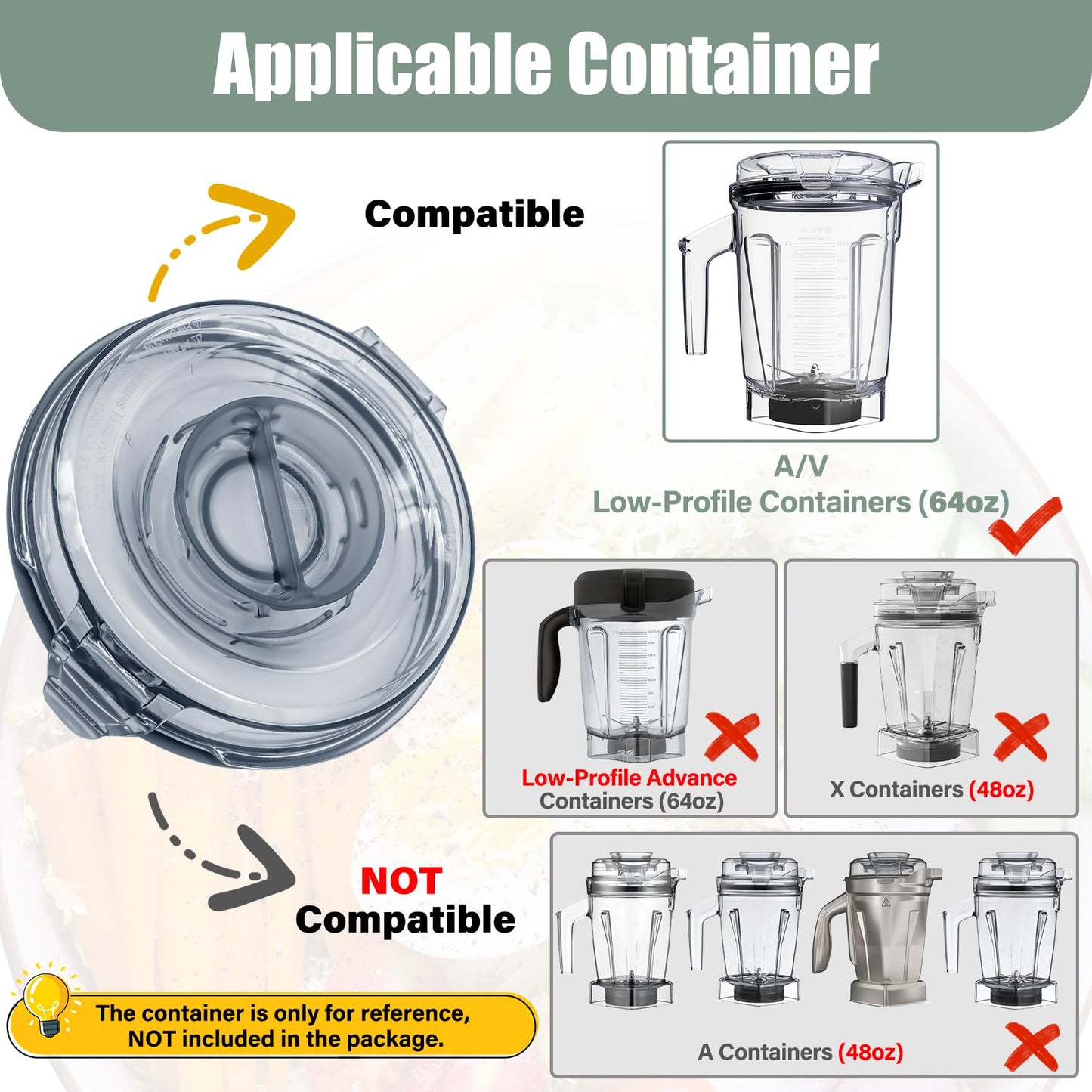 WSEYU Replacement Lid Compatible with 64 oz Low Profile Container A3500 A2500 A3300 A2300 V1200, Top Cover Replacement for Blender Pitcher 64oz Low-Profile, BPA Free