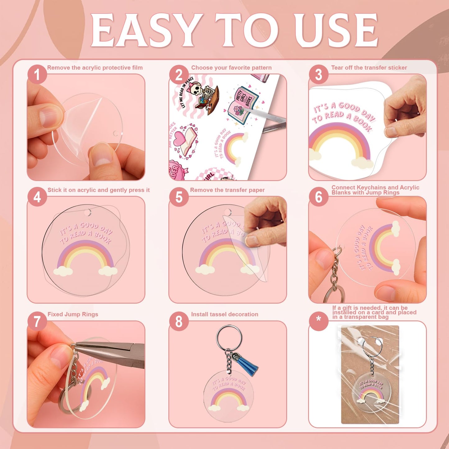 GLASSWINDS 140 PCS Acrylic Keychain Blank Set, 20 Style Double-Sided Book Theme UV DTF Stickers Discs Tassels Jump Rings, Acrylic Keychain Making Kit for DIY Crafts Vinyl Employee Appreciation Gift