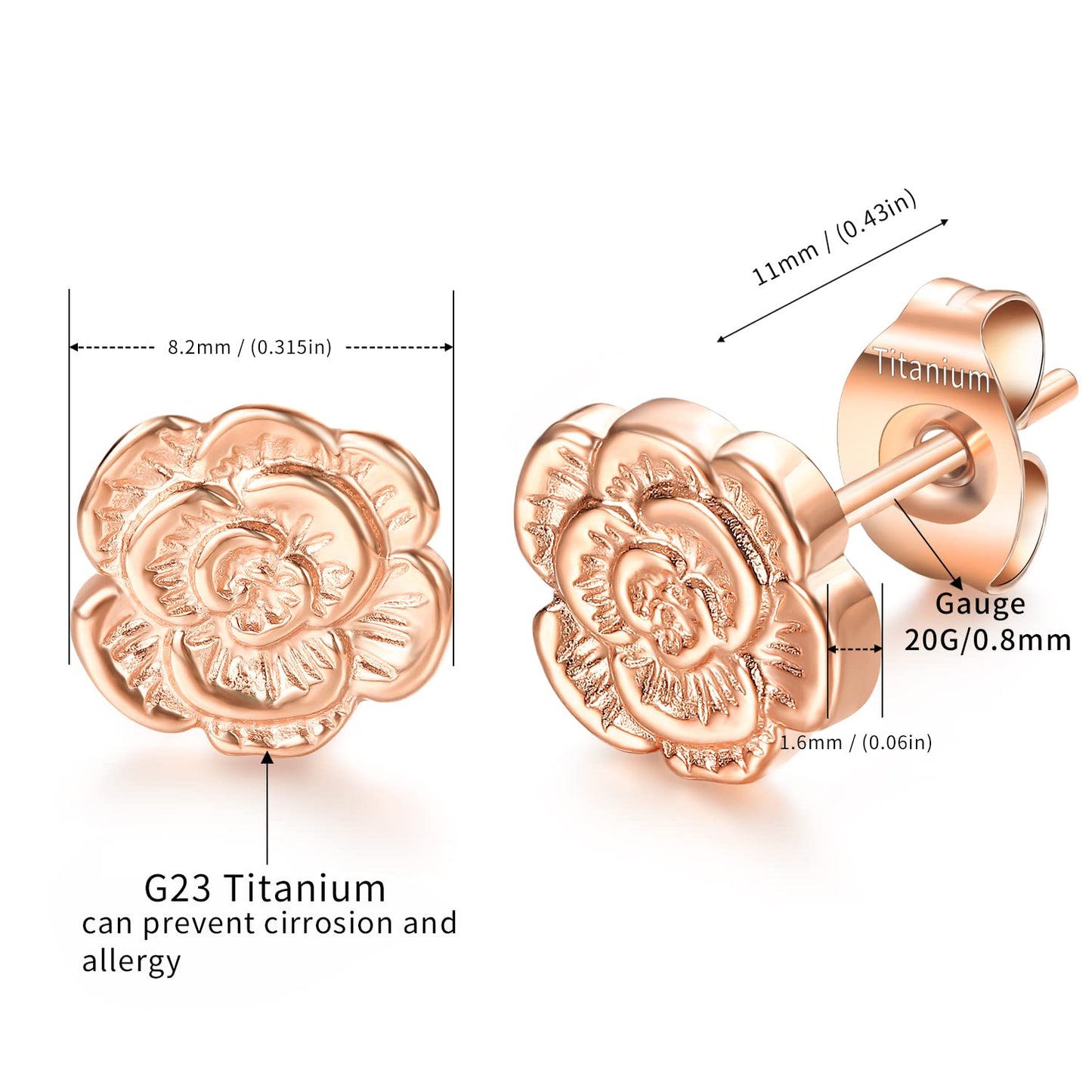 VOJO Implant Grade G23 Titanium Stud Earrings for Sensitive Ears Post Pierced Cartilage Lobe Earring Stud for Women (Rose Gold ROSE)