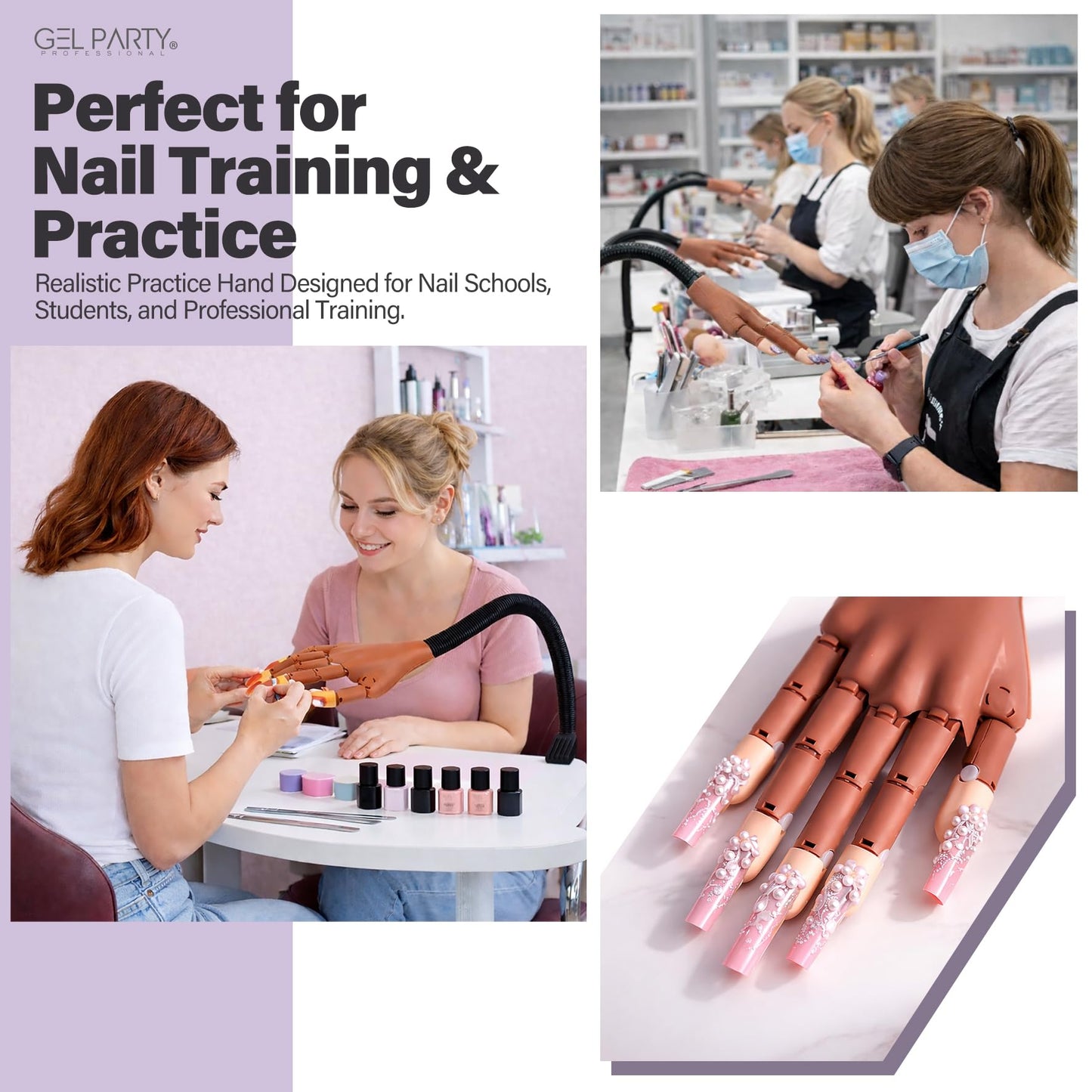 GELPARTY Flexible Nail Practice Hand with Table Clamp – Professional Manicure Training Hand for Acrylic & Gel Nails – Includes 100pcs Replacement Brown Tips, Adjustable & Reusable (Basic Hand Set B)