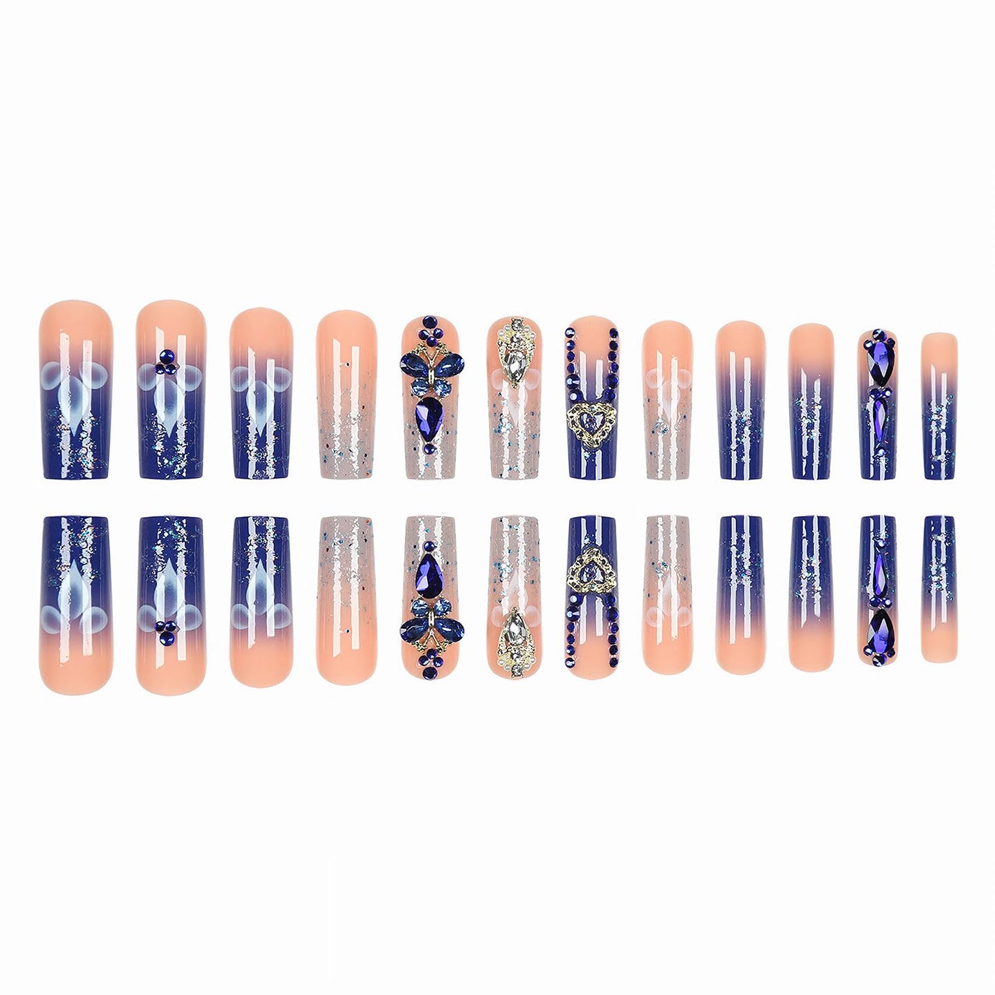 MISUD Press on Nails - Long Square Fake Nails with Royal Blue, Acrylic Bling Glitter Rhinestone Design 24 pcs