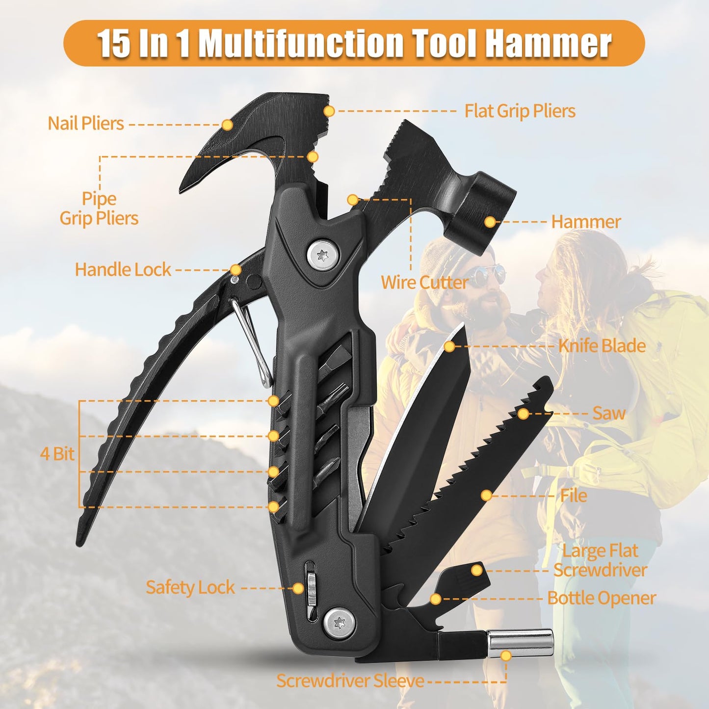 Gifts for men,Multitool Hammer 15 in 1 Camping Accessories Survival Gear,Valentines gifts Unique Brithday Gift Ideas