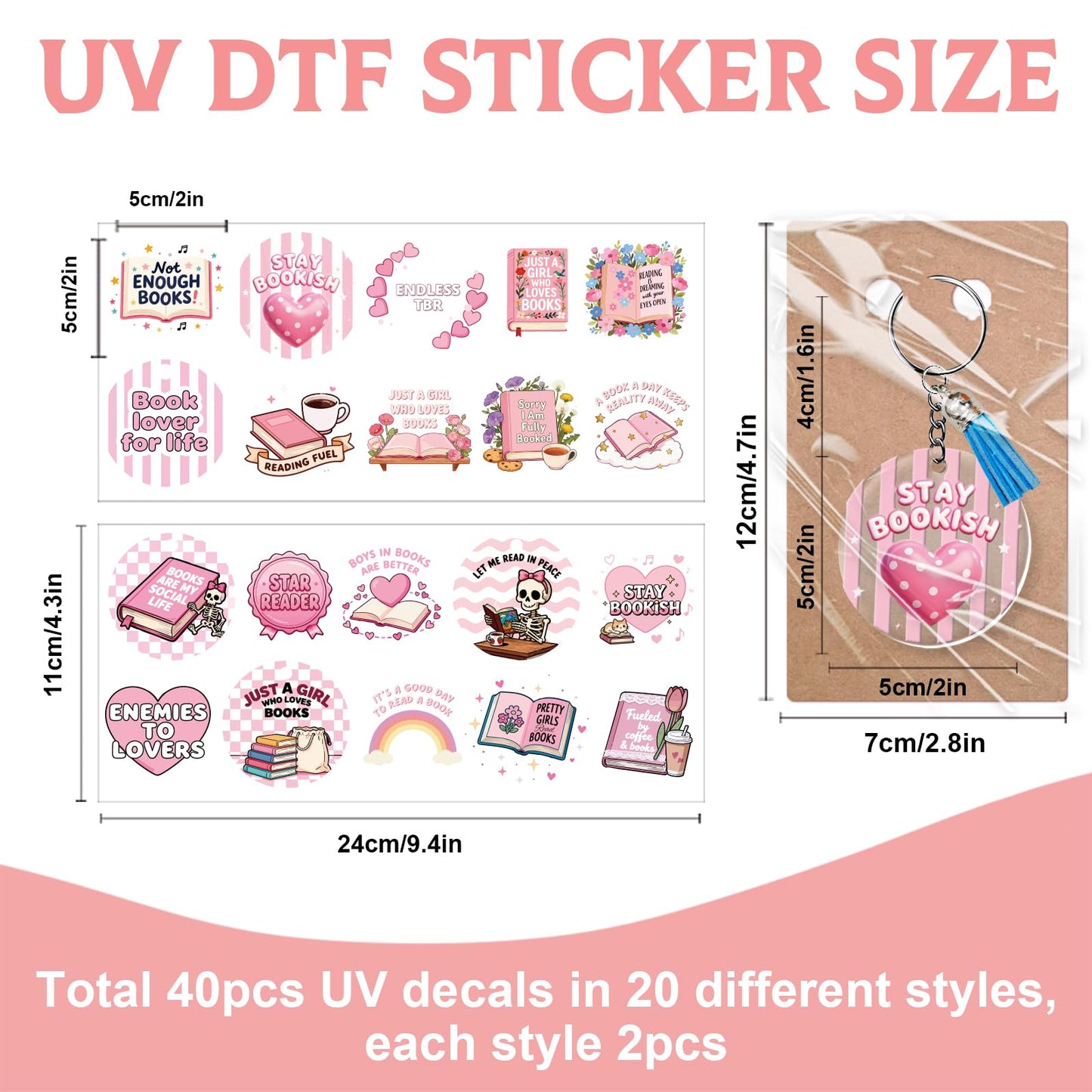 GLASSWINDS 140 PCS Acrylic Keychain Blank Set, 20 Style Double-Sided Book Theme UV DTF Stickers Discs Tassels Jump Rings, Acrylic Keychain Making Kit for DIY Crafts Vinyl Employee Appreciation Gift