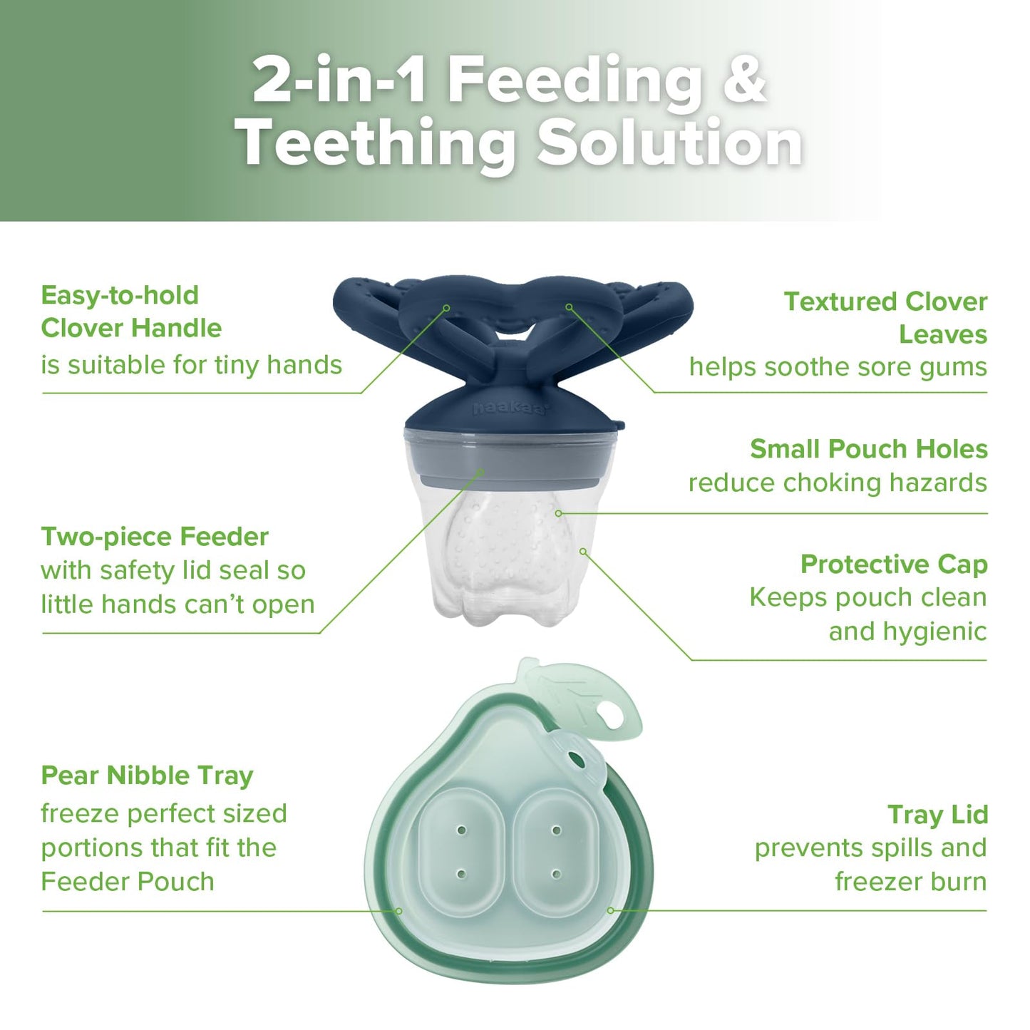 Haakaa Clover Baby Fruit Feeder & Haakaa Silicone Clover Teether(Steel Blue & Copper)