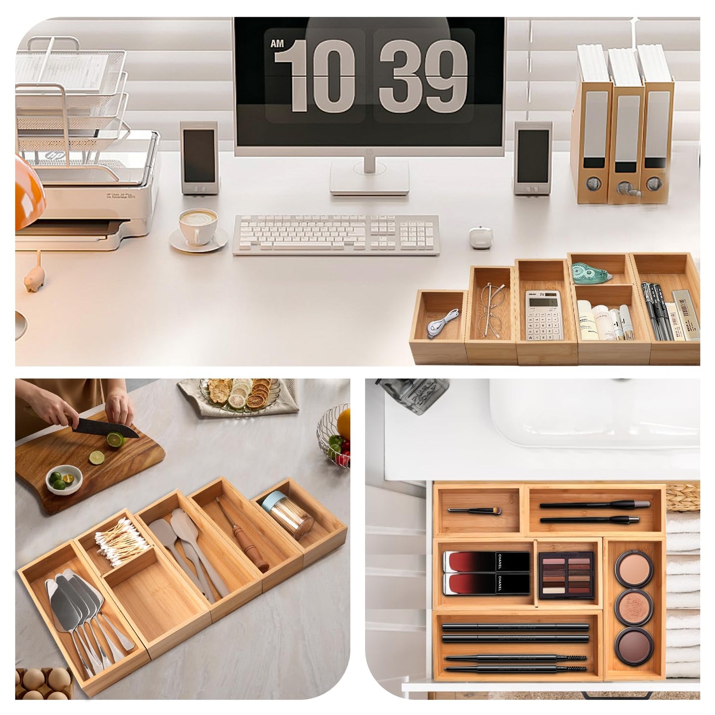 Bamboo Drawer Organizer 5 Pcs for Kitchen Multi-purpose Storage Dividers for Kitchen, Office, Jewelry, Cosmetics, Wooden Drawer Dividers for Drawer Organizer Desk Organizer Gift for Women Gifts Idea
