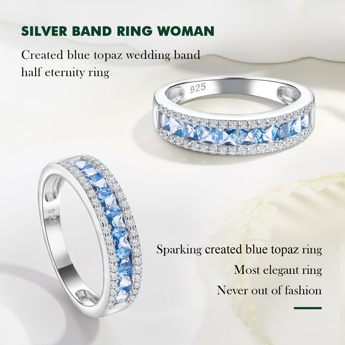 RANDES Blue Topaz Ring 925 Sterling Silver Half Eternity Band Rings for Women Channel Set December Birthstone Ring Size 7