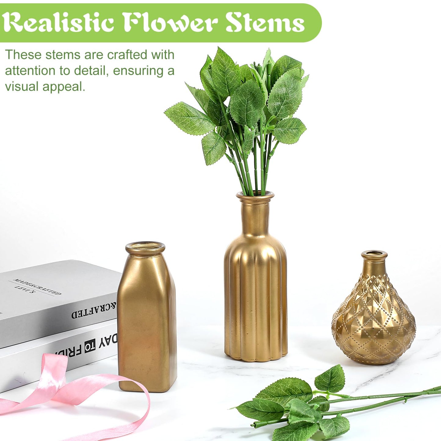 Tolare 100 Pcs Rose Stems with Leaves, Fake Flower Stems Artificial Plastic Floral Wire DIY Craft Supplies for Bouquet Making Wedding Party Home Decor Arrangement Tools