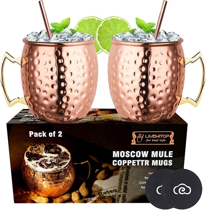 LIVEHITOP Moscow Mule Copper Mugs Set of 2, Copper Cups 19.5 Oz Cocktail Kit with Straw Coaster for Wine, Beer, Cold Drink, Bar, Party, Gifts