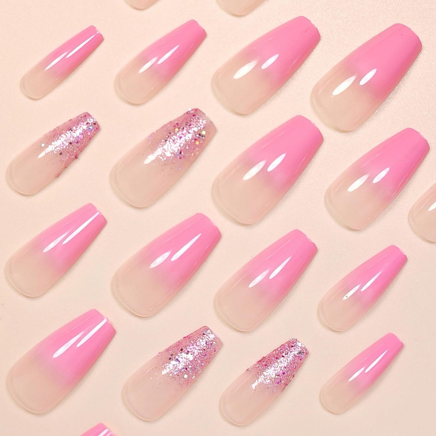MISUD Press on Nails - Long Coffin Fake Nails with Pink Ombre, Acrylic Bling Glitter Design 24 pcs