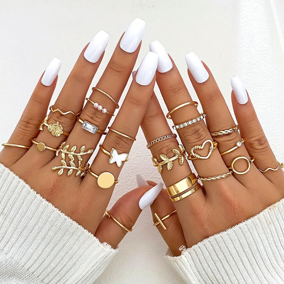 FUTIMELY Boho Retro Stackable Rings Sets for Women Knuckle Joint Finger Knuckle Nail Ring Sets Moon Stars Stack Preppy Statement Rings Cute Trendy Stuff Jewelry (E-24PC-Leaf Rings)