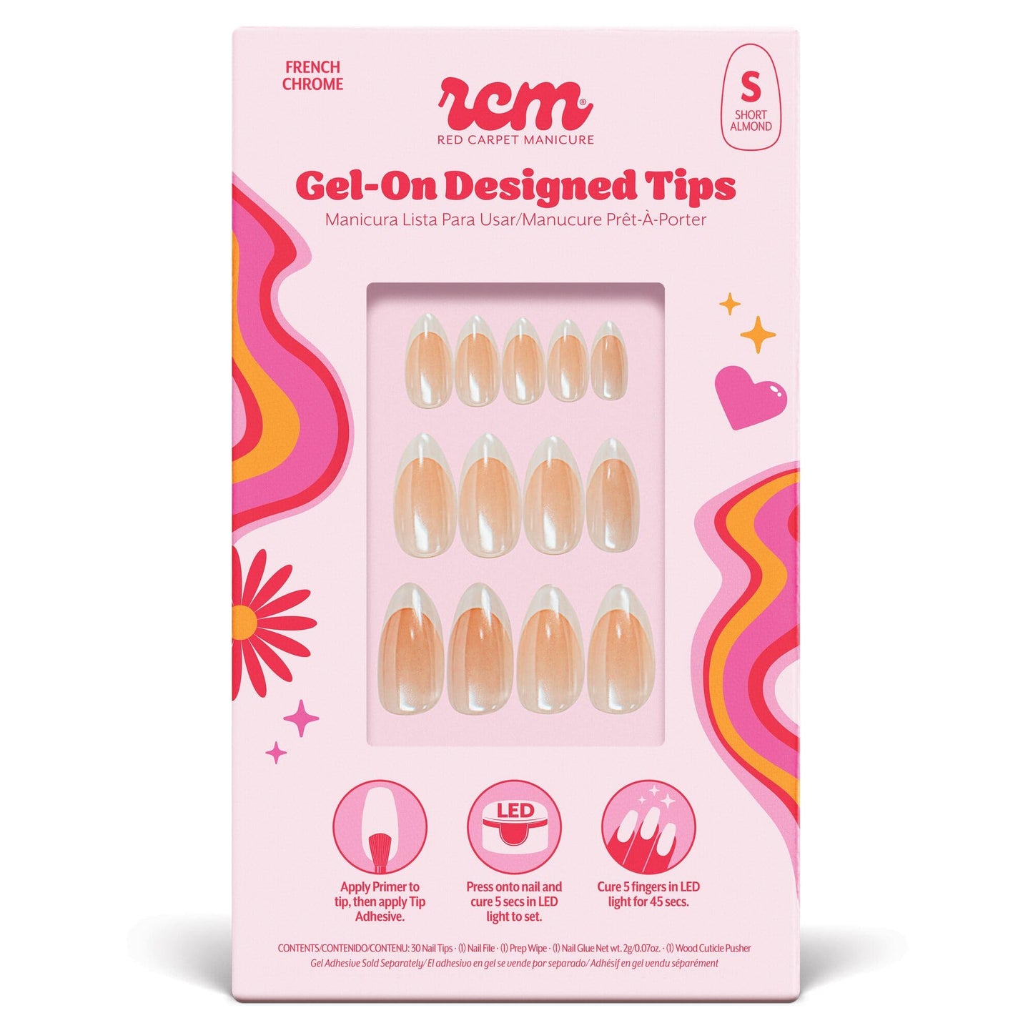 RC Red Carpet Manicure Gel-On Designed Tips - Full Coverage, Flexible, Break-Resistant, 21-Day Wear, UV/LED Cured Gel Adhesion for Natural Look (French Chrome Short Almond)