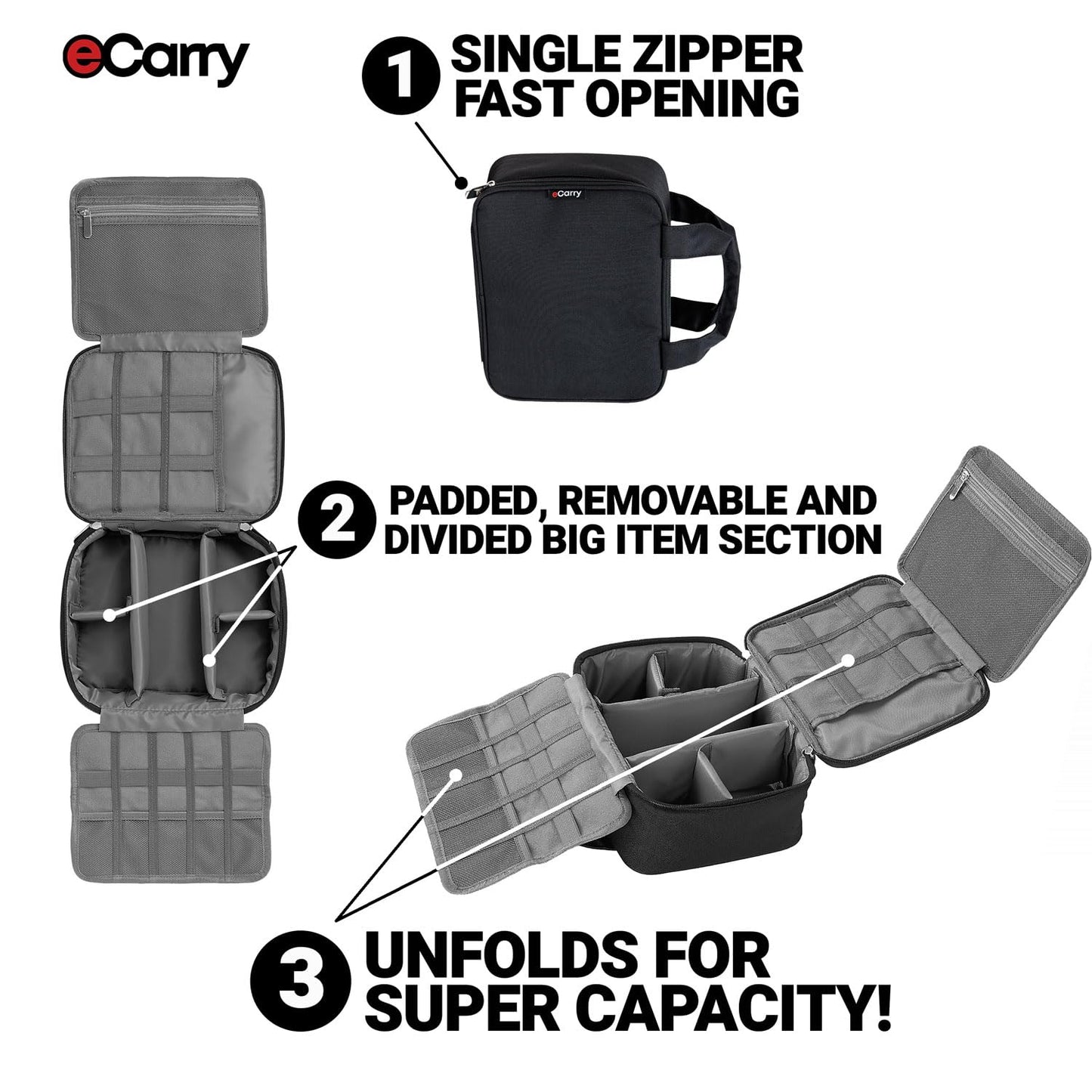 eCarry Electronics Organizer Case - Multi-Layer Full Flat Opening With Compartments and Pockets - Cord Organizer for Accessories, Cables, Electronics Travel