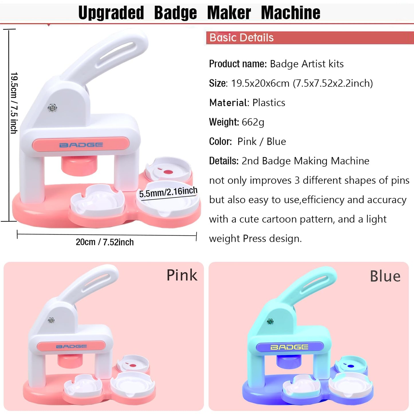 3-In-1 Badge Maker Machine,Upgrade No Assembly Required Button Maker Artist with 86 Sets Parts,DIY Pin Maker Press Machine Badge Punch Kit Present for Kids and Adults,Pink (Multiple Sizes Supported)