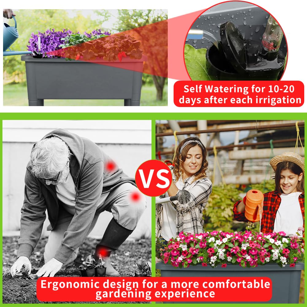 Megawodar 4 Pcs Self Watering Elevated Raised Garden Bed, Large Outdoor Plastic Planter Box Big Flower Plant Pot for Planting Flowers Vegetables and Herbs (4, Dark Grey)